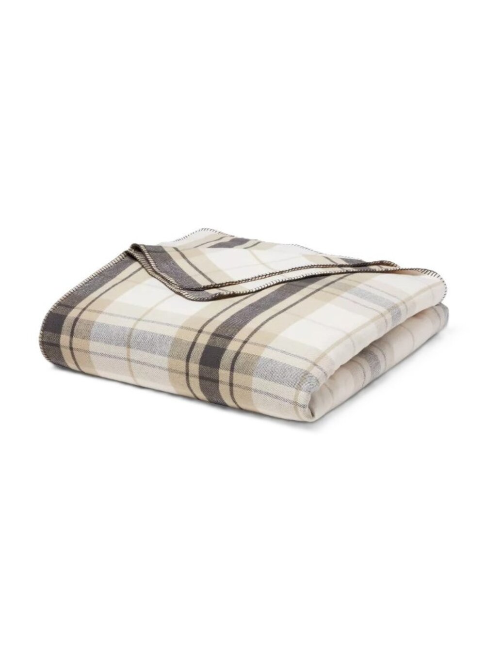 Queen Brushed Cotton Blanket Threshold Neutral Plaid Twill Hemstitching 90 x 92